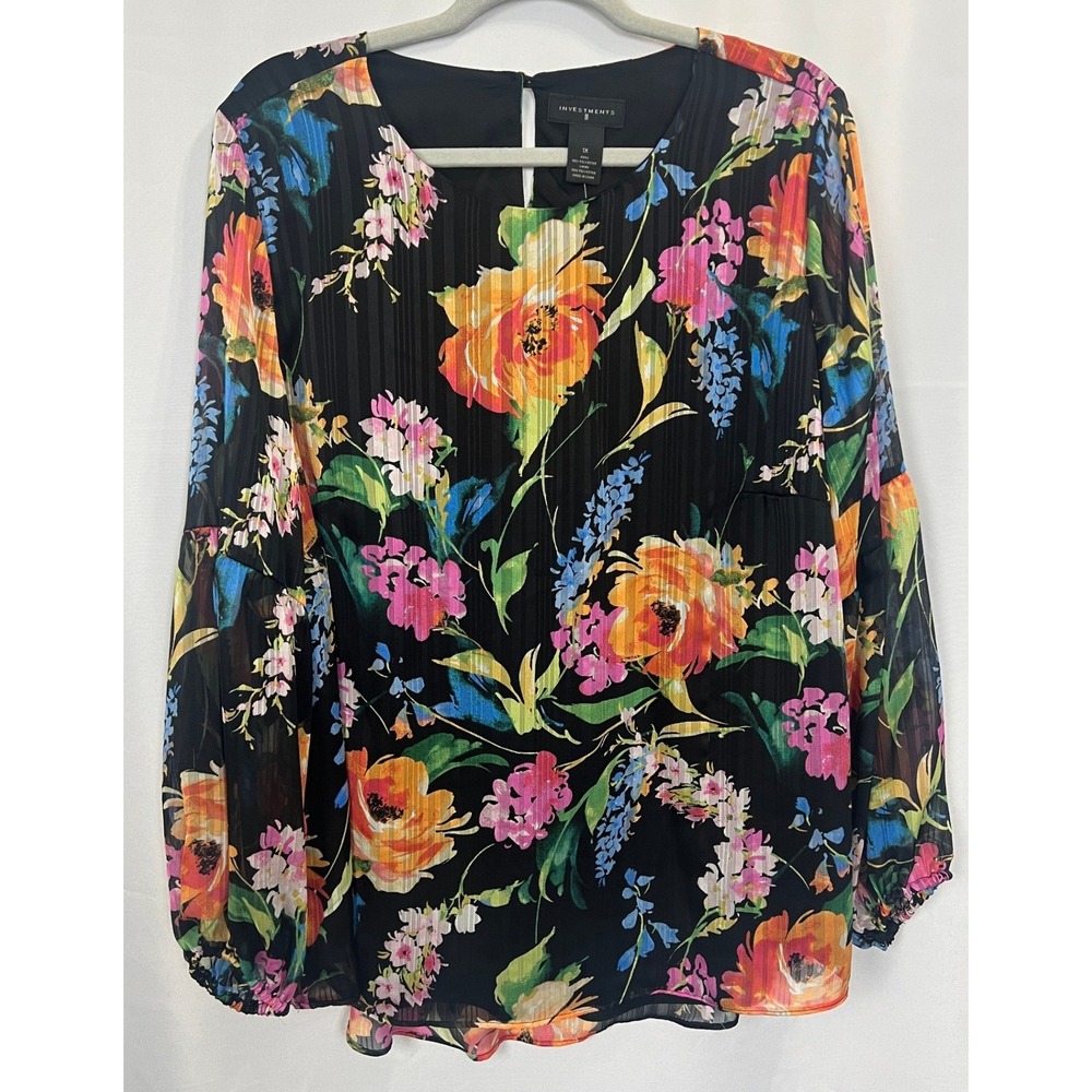 Investments II Womens 1X Floral Pleated Chiffon Blouse Balloon Sleeve Black
